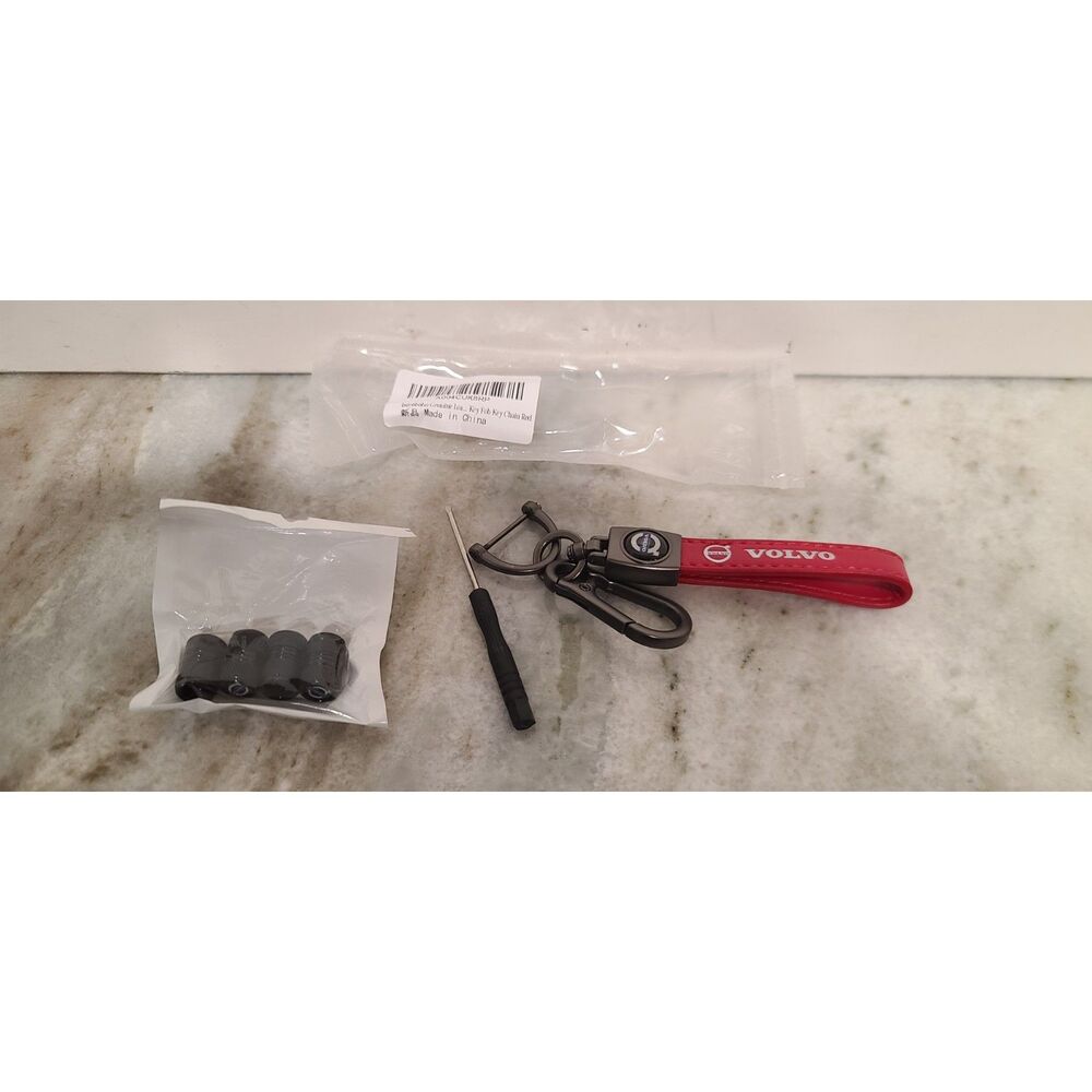 Volvo Genuine Leather Red Chrome Keychain & Tire Valve Stem Caps
